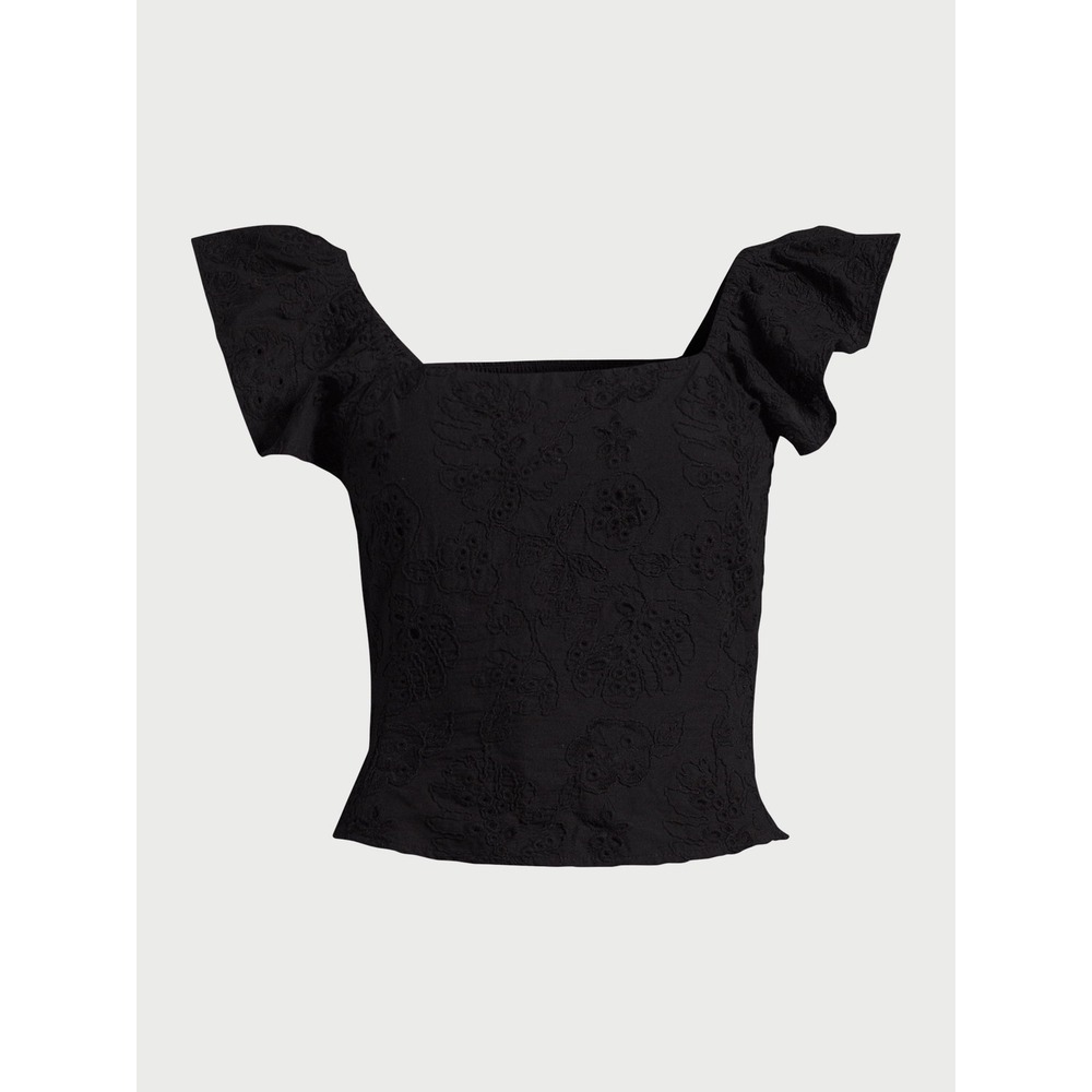 Sofia Jeans Womens Ruffle Sleeve Top Size M Black Square Neck Eyelet Smocked